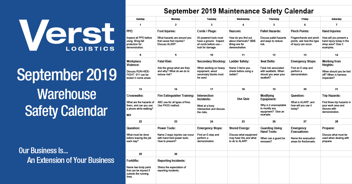 September 2019 Maintenance Safety Calendar